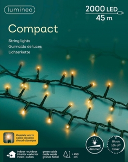 Lumineo LED-Lichterkette Lumineo Lichterkette COMPACT 2000 LED 45m klassisch warm, grünes Kabel, Dimmbar, Timer, Indoor/Outdoor, + 5 m Zuleitung