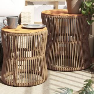 vidaXL Garten-Beistelltische 2 Stk. mit Holzplatte Beige Poly Rattan 366293