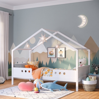 Bellabino 'Bela' Hausbett 90x200 cm, weiß, Kiefer Massivholz, Montessori Kinderbett mit Rausfallschutz und Lattenrost