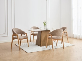 Vente-unique - Stuhl mit Armlehnen 2er-Set - Bouclé-Stoff & Kautschukholz - Taupe & Holzfarben - SOLUNA
