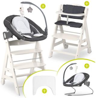 Hauck Hochstuhl Beta Plus White - Newborn Set Deluxe, Holz Babystuhl ab Geburt, Aufsatz für Neugeborene, Sitzkissen, Tisch