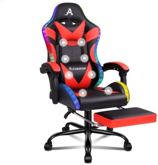 ALFORDSON Gaming-Stuhl Massagestuhl mit LED, ergonomischer Schreibtischstuhl mit 150° Neigung, Einziehbarer Fußstütze, PU-Leder, Höhenverstellbar, 180 kg Tragkraft