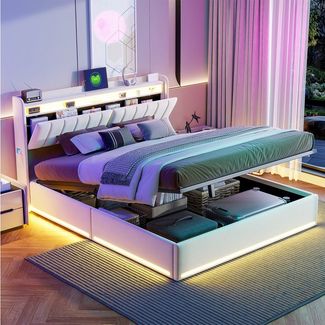 Gdood Polsterbett Polsterbett Stauraumbett Doppelbett LED, Samtstoff (1-tlg, Type-C + USB, Hydraulisch hebbarer Stauraum), Mit Bettkasten, LED-Beleuchtung, USB-Anschluss, 140x200 cm