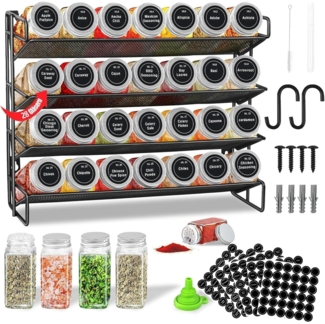 4-stöckiges Gewürzregal: Stehend & Wandmontage, 28 leere Gewürzglas Organizer