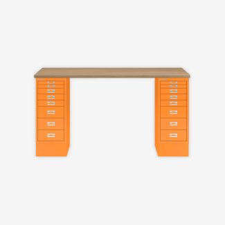 MultiDesk, 2 MultiDrawer mit 8 Schüben, Dekor natürliche Eiche, Farbe Orange, Maße: H 740 x B 1400 x T 600 mm