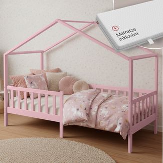 Bellabino 'Bia' Hausbett 90x200 cm mit Matratze, rosa, Kiefer Massivholz, Bodenbett in Hausoptik, Montessori Kinderbett mit Rausfallschutz und Lattenrost