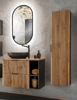 Badmöbel Set mit Waschtisch Regal Kombination mit Aufsatzwaschbecken XANTEN-56 in anthrazit mit Eiche Nb. schwarz gerillt, B/H/T: ca. 130/200/46,5 cm