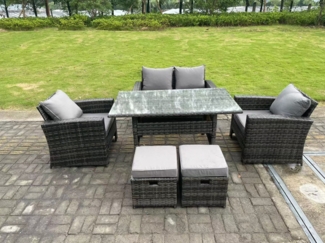 Fimous 6 Sitzer Outdoor Dunkelgrau gemischt Hoher Rücken Rattan Sofa Double Sofa Esstisch Set Gartenmöbel Hockern