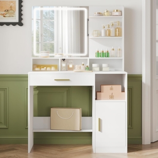 Schminktisch mit Spiegel und LED-Licht, mit 3 Ablagen und 4 Offenen Fächern, Schminktisch mit Großen Schubladen und Schränken, 3 Fach Regulierbare Beleuchtung, Weiß