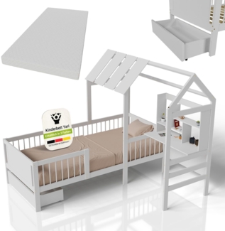 Juskys Kinderbett Yari 90x200 cm - Integrierter Schreibtisch, Praktische Schublade, Massiver Kieferrahmen, inklusive Matratze - weiß