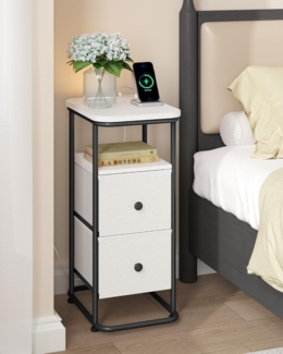 Nachttisch 2er Set, Schmal Beistelltisch mit LED-Beleuchtung, 1 USB-A-Anschluss, 1 USB-C-Anschluss, Nachttische mit 2 Schubladen, Modern, für Schlafzimmer, Wohnzimmer, Weiß-Schwarz