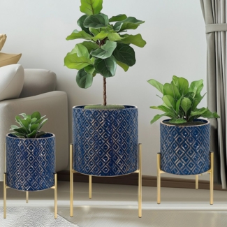 G-LEAF Blumentopf Moderne Pflanzgefäße aus Metall mit einzigartigem Rautenmuster (3 St), mit stabilem Goldständer, einfach zu montieren, blau