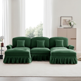 Klassisches modulares U-förmiges Sofa, Chenille, Trichter-Armlehnen, abnehmbare Rüschenschürze, spindelförmige Beine, beweglicher Hocker, weiches, tiefes Cloud-Sofa fürs Wohnzimmer, Grün