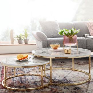 Kadima Design Couchtisch-Set mit Marmor-Optik: Eichenholz, Metallgestell, 80 x 80 x 36 cm & 60 x 60 x 26 cm, ineinanderschiebbar. Gold