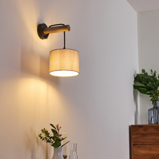 hofstein Wandleuchte »Laives« Wandlampe aus Metall/Holz/Textil in Schwarz/Natur/Grau, ohne Leuchtmittel, E27, moderner Wandspot mit Stoff-Schirm u. An-/ Ausschalter am Gehäuse