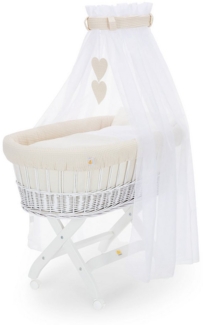 FabiMax Stubenwagen Weiß lackiert, 2 in 1 Musselin / Waffelpiqué Komplettset Creme mit Decke und Kissen