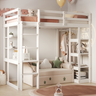 Merax Kinderhochbett 90*200 cm Kinderbetten Jugendbetten, Einzelbetten, Aus Massivholz mit Leiter , Mit Tisch und Regalen, Mit Einfachen Kleiderbügeln und Regalen, Weiß