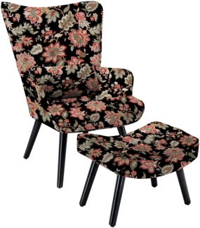 HomeMiYN Leinen-Sessel mit Roten Blumen auf Schwarz - inkl. Fu?hocker H 69.5x T 43.5 x B 69cm