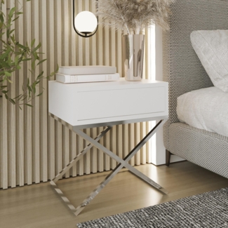 AX LIVING Nachttisch modern Aleio X – 45 cm breit, weiß, Chromgestell
