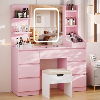 HOMALL Schminktisch Eingebaute LED-Beleuchtung, einstellbare Helligkeit, mit 7 Schubladen (Große Größe 110*40*139cm Bestes Geschenk für Ehefrau/Tochter)