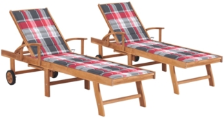 vidaXL Sonnenliegen 2 Stk. Auflagen Rotes Karomuster Massivholz Teak 3073199