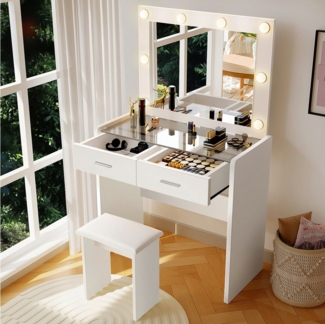 WILGOON Schminktisch mit transparentem Glas und 3 Farbe Beleuchtung, für Schlafzimmer (mit Großer Glasplatte,75 x 33.5 x 135 cm,LED-Beleuchtung), Make-up Tisch mit 2 Schubladen und Stuhl