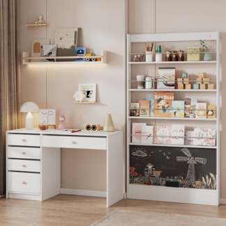 Merax 2-teiliges Schreibtisch-Regal-Set, Schreibtisch + Bilderbuchregal-Kombination, Kindermöbel-Set, Schreibzimmermöbel, Weißes Set