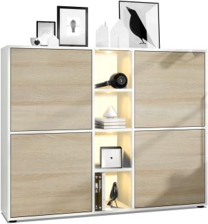 Vladon Highboard Cuba V3, Weiß matt/Eiche sägerau inkl. LED - Moderne Anrichte mit 12 Fächern (130,5 x 105,5 x 35,5 cm)