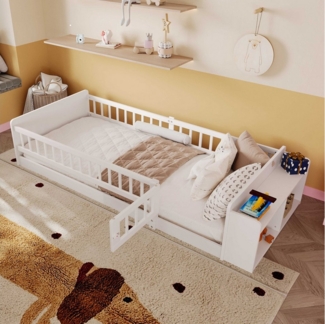 BlingBin Kinderbett Holzbett (1-tlg, Multifunktionales Kinderbett aus massivem Kiefernholz 90x200 cm), mit Bücherregalen, Spielzeugfächern und sicherem Zugang