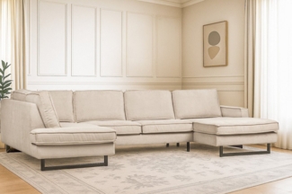 Places of Style Wohnlandschaft Pinto, 350 cm, U-Form, XXL, mit Ottomanen, Cord, Chenille, Lederoptik, mit Keder, Metallfüße, Wellenunterfederung