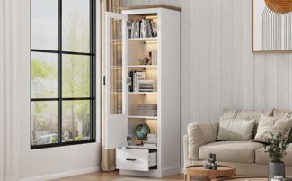 Vitrine mit LED, B 50 x T 35 x H 178 cm, aus Spanplatte in Weiß matt mit Holzdekor & Schublade