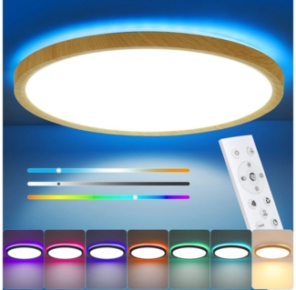WILGOON LED Deckenleuchte Ultra Dünn LED Deckenlampe, 24W RGB Backlight Deckenlampe Flach Rund, Holz, LED fest integriert, warmweiß, neutralweiß, kaltweiß, RGB, Dimmbar mit Fernbedienung,für Schlafzimmer/Wohnzimmer/Badezimmer/Küche