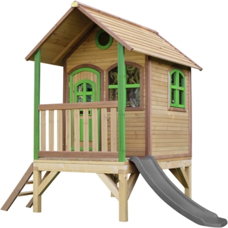 AXI Spielhaus Tom mit grauer Rutsche Stelzenhaus in Braun & Grün aus FSC Holz für Kinder | Braun, grün, grau | Holz | 191 cm