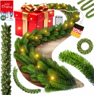 KESSER® Weihnachtsgirlande mit LED – 5 m oder 10 m, 100–200 LEDs, IP44, naturgrün, mit Schnee-Effekt je nach Modell, für Outdoor & Indoor, mit Fernbedienung & Weihnachtsdeko je nach Variante 10m / 200 LEDs inkl. FB / ohne Deko