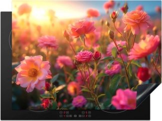 MuchoWow Herd-Abdeckplatte Rosen - Blumen - Rosa, Vinyl, (1 tlg), Küche Herdabdeckung Ceranfeld Induktionsfeld Vinyl, 65x50 cm