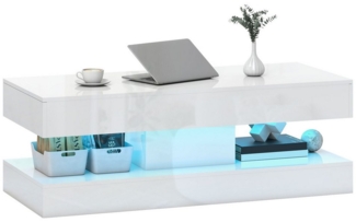 HOMCOM Couchtisch mit 12-Farbiger LED Beleuchtung, 2 Schublade, offenem Regal (Wohnzimmertisch, 1-St, Modern Beistelltisch), Kaffeetisch für Wohnzimmer 120 x 50 x 42 cm, Weiß