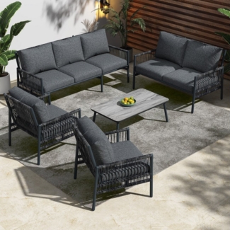 Flieks Gartenlounge-Set, 7 Sitzer Rattan Gartenmöbel Balkonmöbel Sofa*2 + Stuhl*2 + Tisch*1