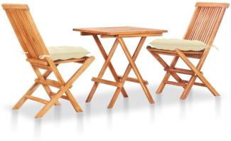 vidaXL 3-tlg. Bistro-Set mit Cremeweißen Kissen Massivholz Teak 3063242