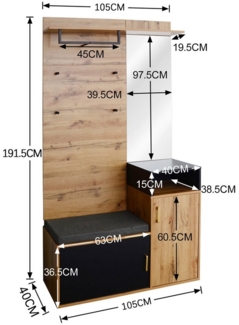 OKWISH Garderoben-Set Elegantes Flur & Garderobe Set, (Garderoben-Set mit 4 Kleiderhaken, Spiegel, Schuhschrank, 1-St), oberes Ablagefach, Flurgarderobe Sitzbank