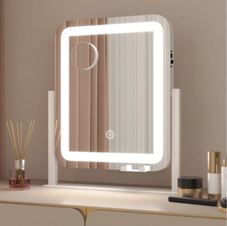 WDWRITTI Kosmetikspiegel 10x Lupe Schminkspiegel mit licht & Handyhalterung & USB-Ladeanschluss (Tischspiegel, 3Lichtmodi, Dimmbar, Speicherfunktion, Touch), 360° Drehbar, mit Netzadapter