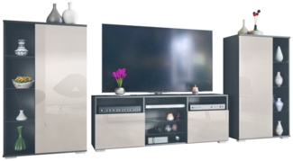 Vladon Wohnwand Davos, (Anbauwand, bestehend aus 2 Vitrinen und 1 TV-Board), Anthrazit matt/Sandgrau Hochglanz (329 x 134 x 35 cm)