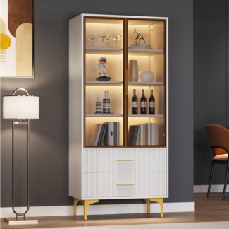 TavilaEcon Standvitrine Hochschrank mit 2 Teefarbene Türen, goldene Beine, 70*35*150cm, weiß mit LED-Lich, 3 bewegliche Einlegeböden, 2 Schubladen