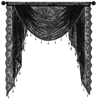 Refttenw Scheibengardine Spitze Wasserfall Fenstervolant mit Perlenquasten, Blumenstickerei (1 St), Stangendurchzug, halbtransparent, Schwarz, 100 x 105 cm
