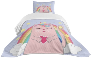Abakuhaus Tagesdecke Set mit Kissenbezügen Waschbar, Regenbogen Katzen-Herz-Kätzchen-Kunst