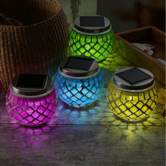 MARELIDA LED Solarleuchte Solar Windlichter Mosaik Solargläser Mosaikleuchte für Balkon bunt 4St, LED Classic, kaltweiss (5300K bis 6000K)