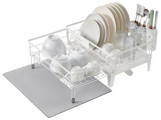 SONGMICS Abtropfgestell Geschirr, ausziehbarer Geschirr-Abtropfständer, wasserabsorbierende Silikonmatte, 360° drehbarer und ausziehbarer Ablauf, (31-56) x 42 x 20 cm, mattweiß-taubengrau