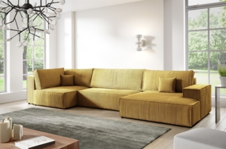 Wohnlandschaft Schlafsofa CORUNIA Stoff Poso Honiggelb Ottomane Rechts