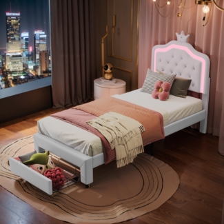 Bett 90x200 cm aus PU mit seitlicher Unterbrechung, LED-Beleuchtung und Schubladen
