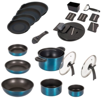 Genius Topf-Set Kelton Pfannenset Töpfe Set 3 in 1 mit Deckel, Gemüseschneider 27 tlg, Topfset pfanne bratpfanne wohnmobil kitchen camping (Komplett-Set, Set 27-tlg), umfangreiches Starterset, langlebige unbedenkliche Materialien