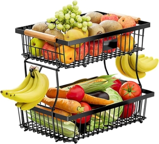 Refined Living Obstschale 2 Etagen, Arbeitsplattenregal für die Küche, Gemüseregal,mit Holzgriff, Rostfreies, Kohlenstoffstahl, (Fruchtkorb mit 2 Bananenaufhängern, Küchenaufbewahrung,Frühstücksständer, BPA-freier Beschichtung, Abnehmbare Körbe,2-Etage...